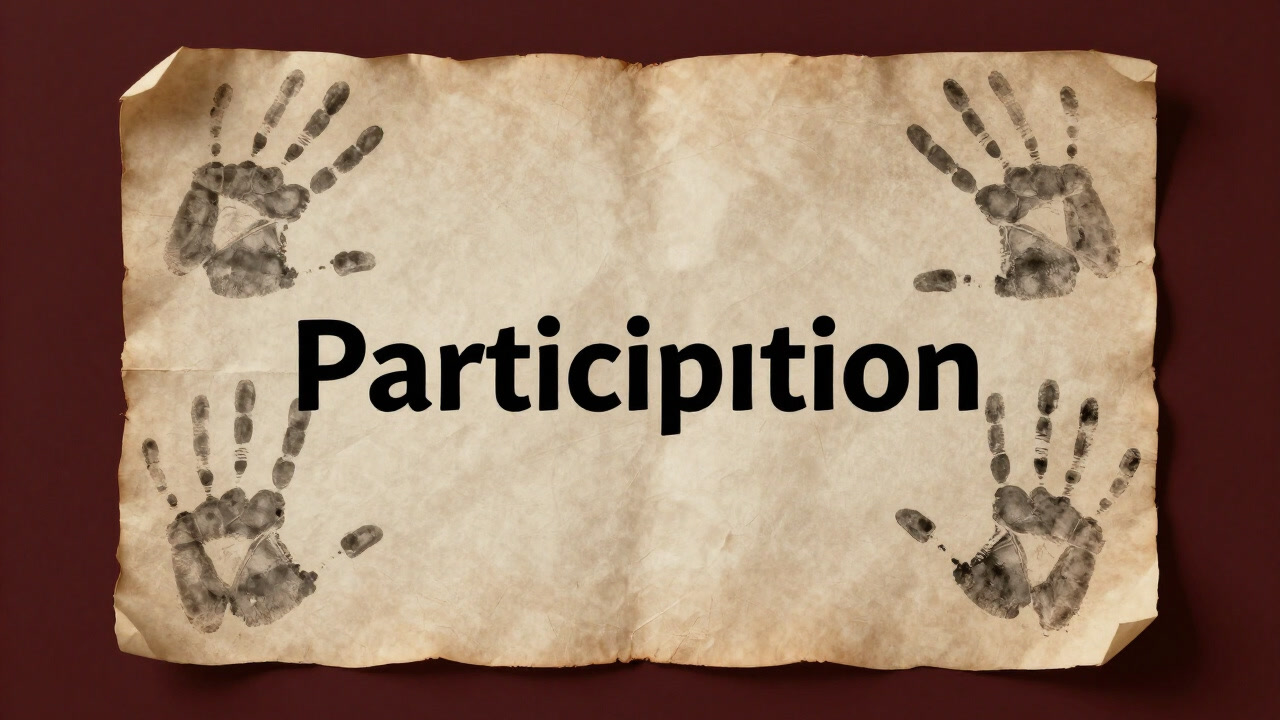 Illustration of the word 'Participation' written in black ink on aged parchment, surrounded by faded imprints of participants' hands.