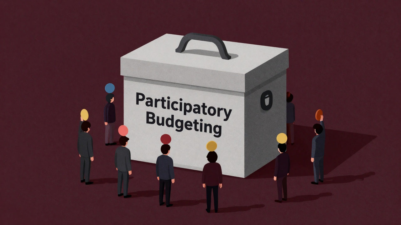 巨大な予算箱の前でトークンを掲げる顔のない市民の群れ