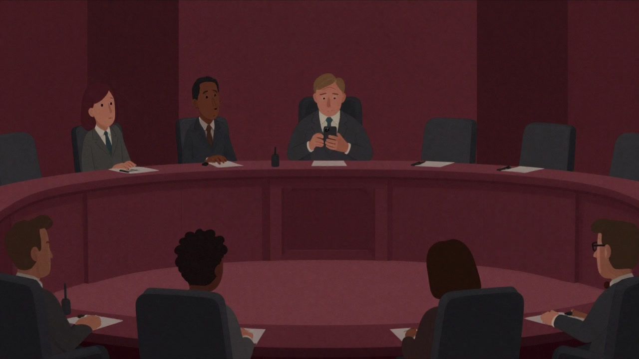 市役所の会議室で市民が声を上げるも、議長がスマホでゲームしているユーモラスなイラスト