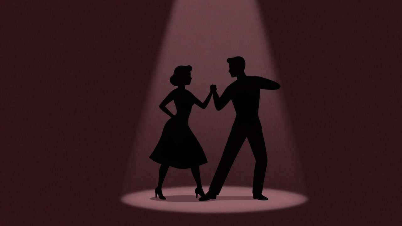 Silhouettes of a man and a woman dancing under a spotlight, warily watching each other's feet.