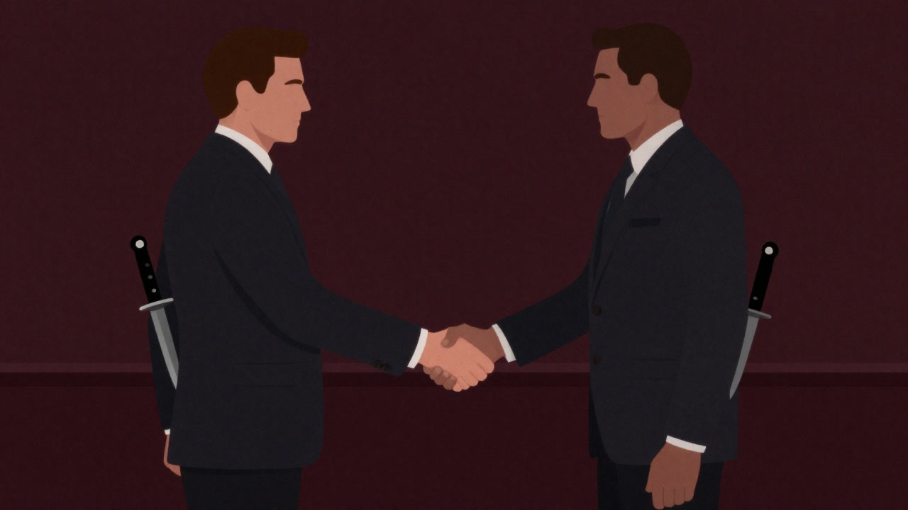 Illustration of two hands shaking while hiding knives behind their backs