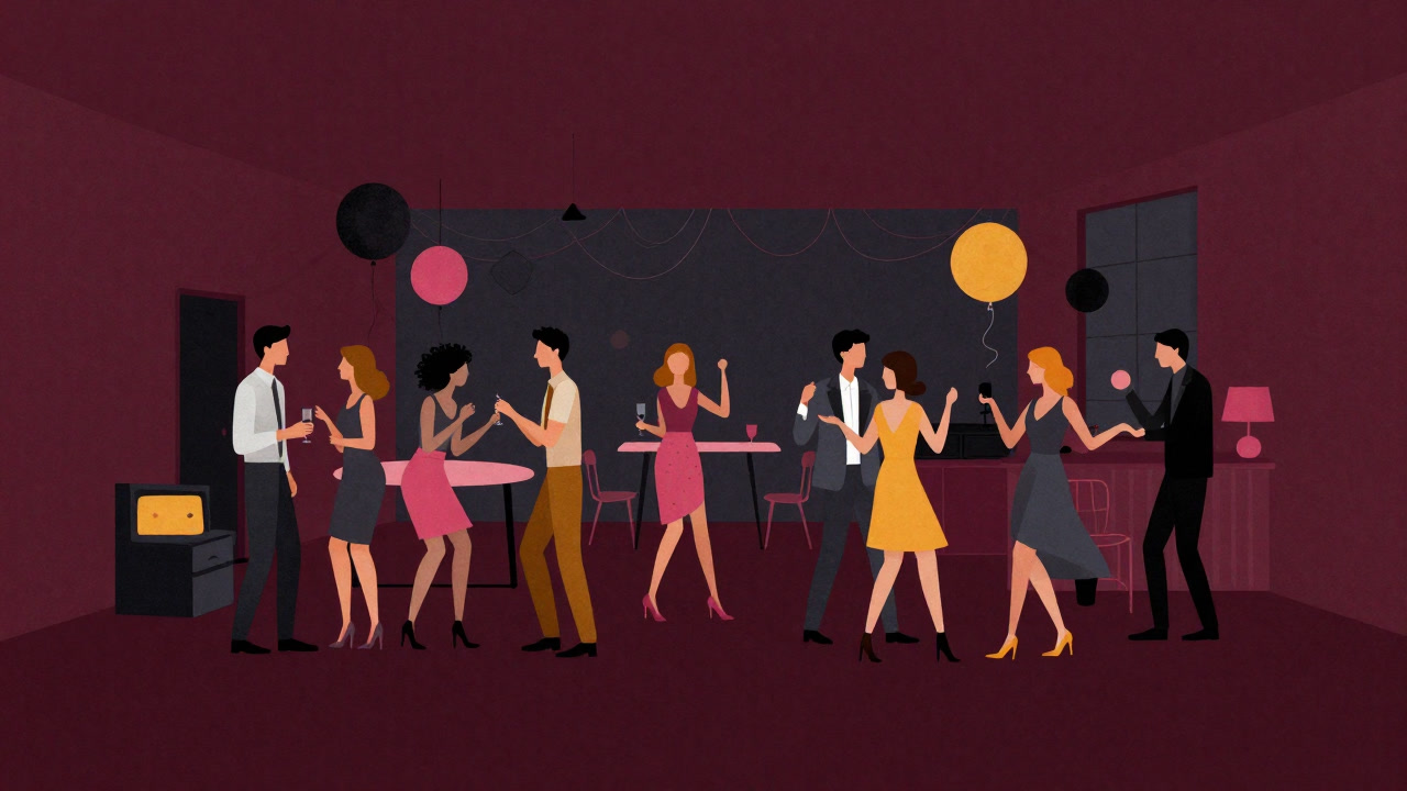 煌びやかな装飾と人々の笑顔が浮かび上がるパーティー会場の画像