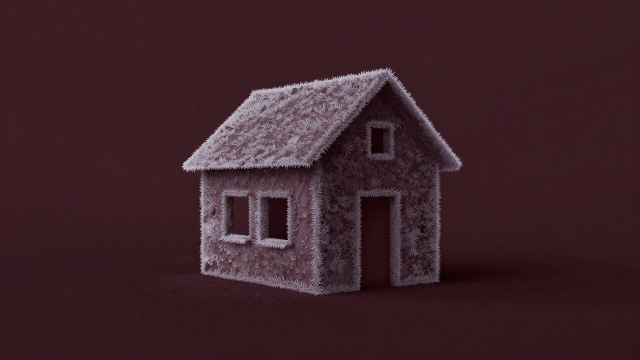 厚い壁に覆われた家の模型が、まるで氷の城のように静まり返る画像