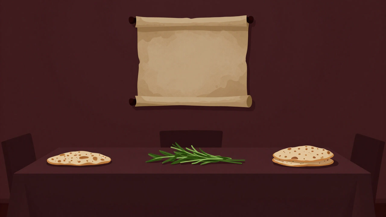 An image of a ceremonial table with bitter herbs and unleavened bread unnaturally arranged, with an ancient scripture hanging on the wall.