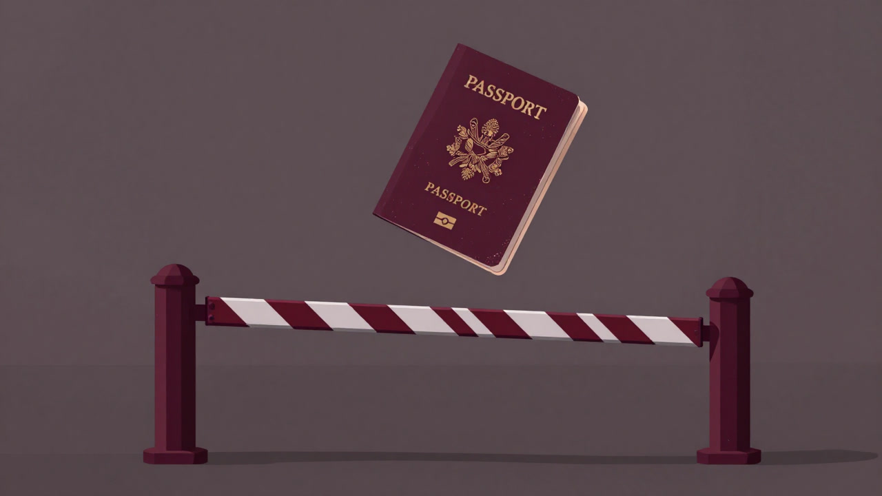 古びた旅券が拡大され、背景には閉ざされた国境ゲートの影