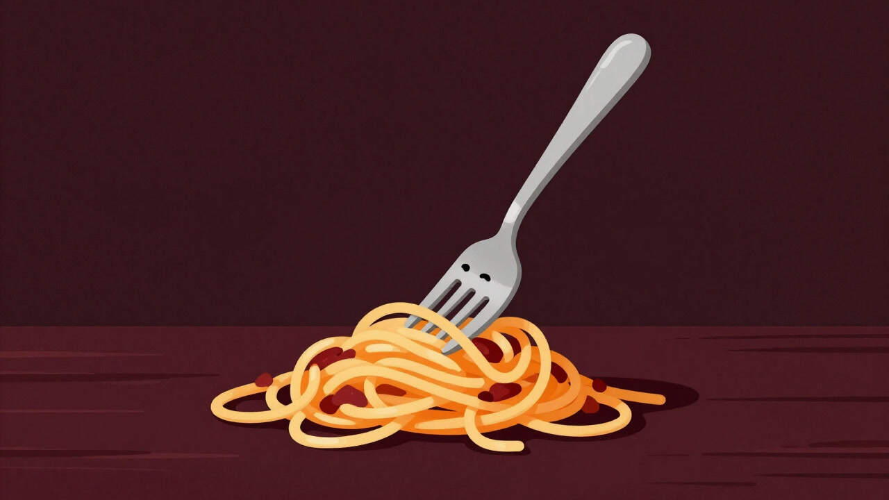 An illustration of a fork looking perplexed in front of a twisted pile of pasta placed at the center of a table.