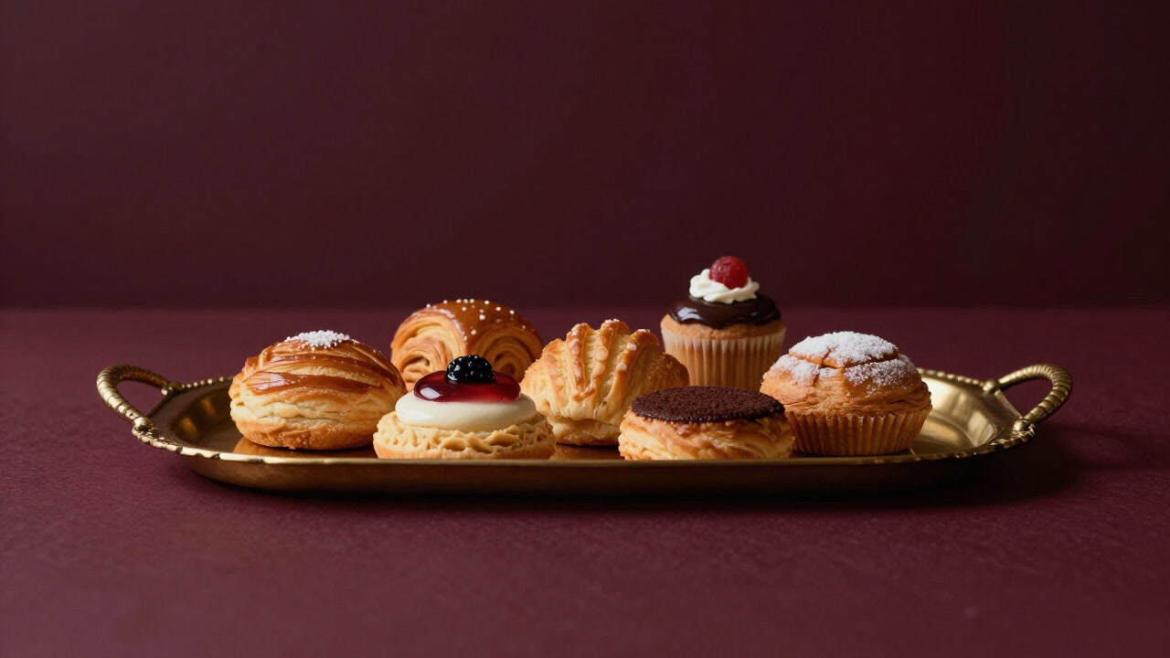 金色のトレイに並べられた様々なペストリーが朝陽を浴びて輝く写真