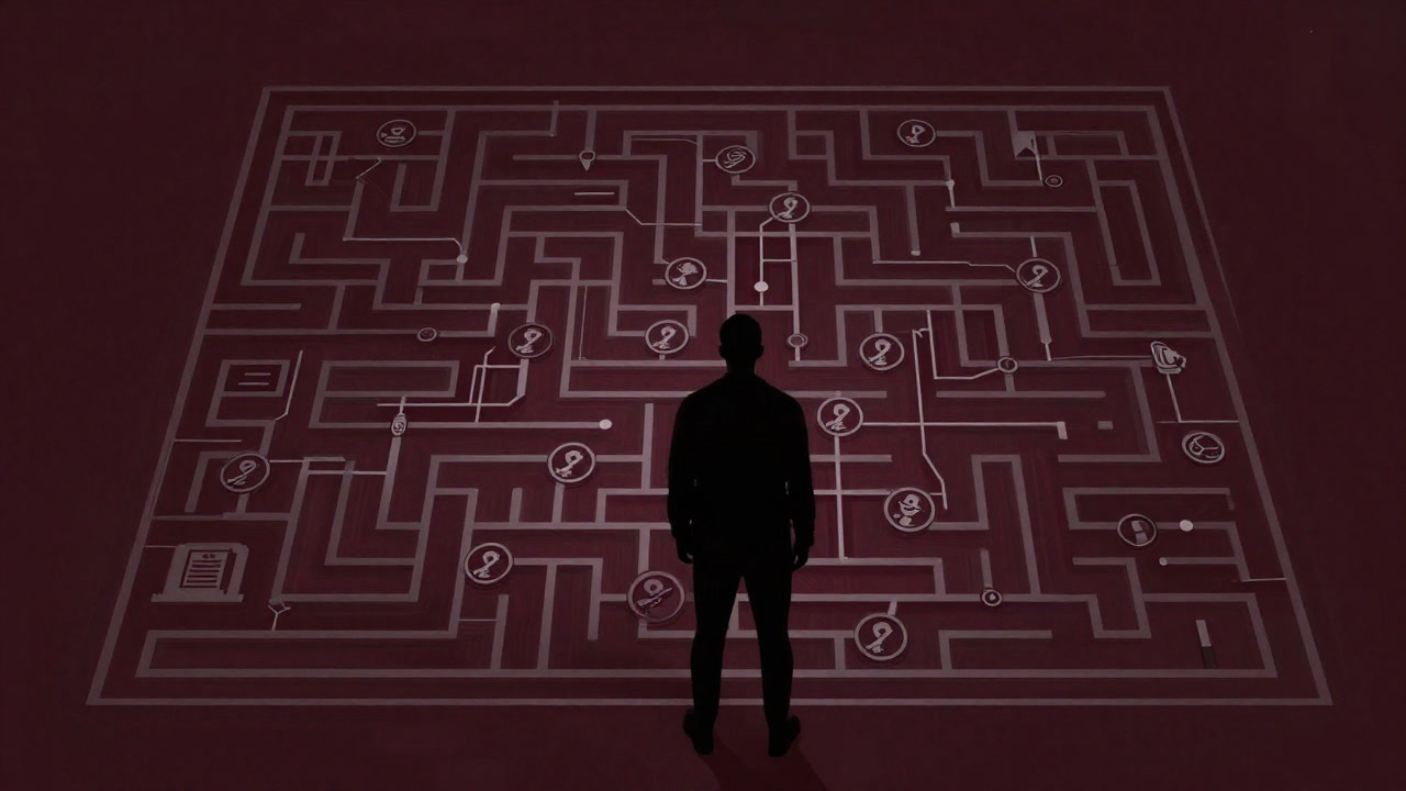 無数の特許出願が迷路のように絡み合う地図を前に立ち尽くす人影のシルエット