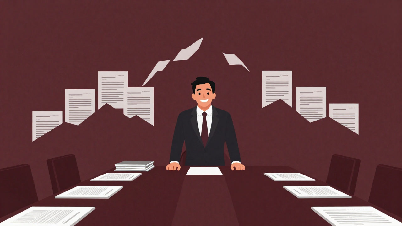 会議室のテーブルに並ぶ山積みの特許出願書類と、それを前に得意げにほくそ笑む企業のキャラクターのイラスト