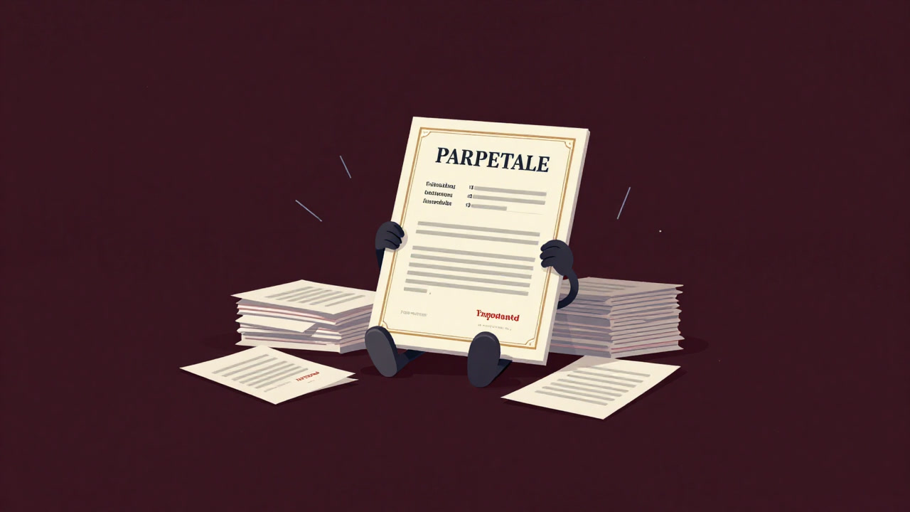 Illustration of a patent document trembling with a heavy expression, surrounded by court papers.