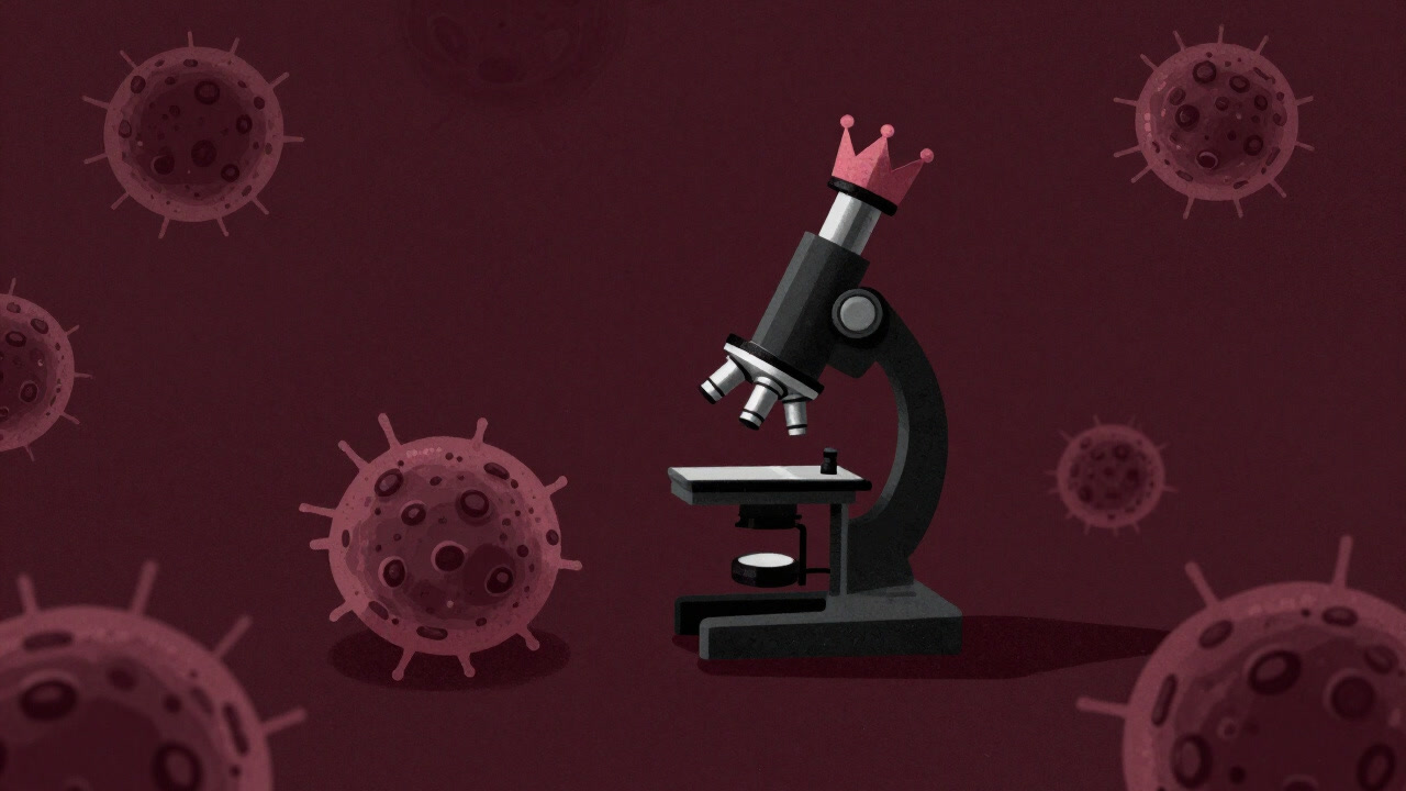 Illustration of a pathogen wearing a crown under a microscope, manipulating cells like a king