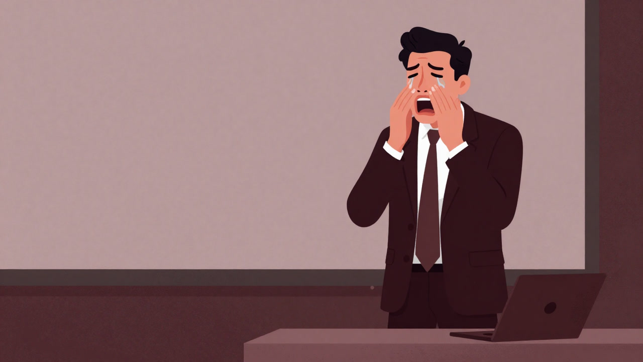 Illustration of a salesman on stage making a tear-jerking expression to grab customers' hearts