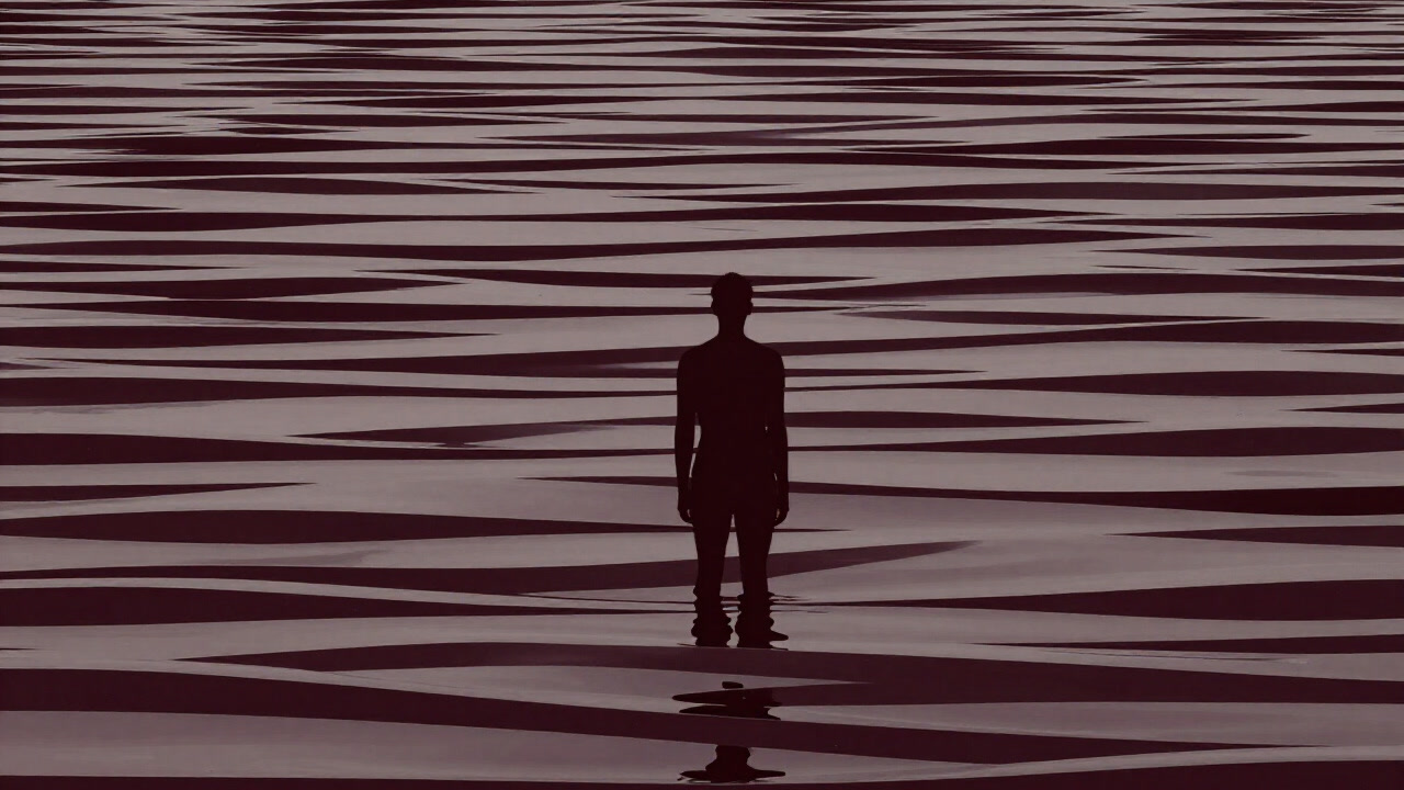 Silhouette of a person buried in an infinitely repeating ribbon-patterned background