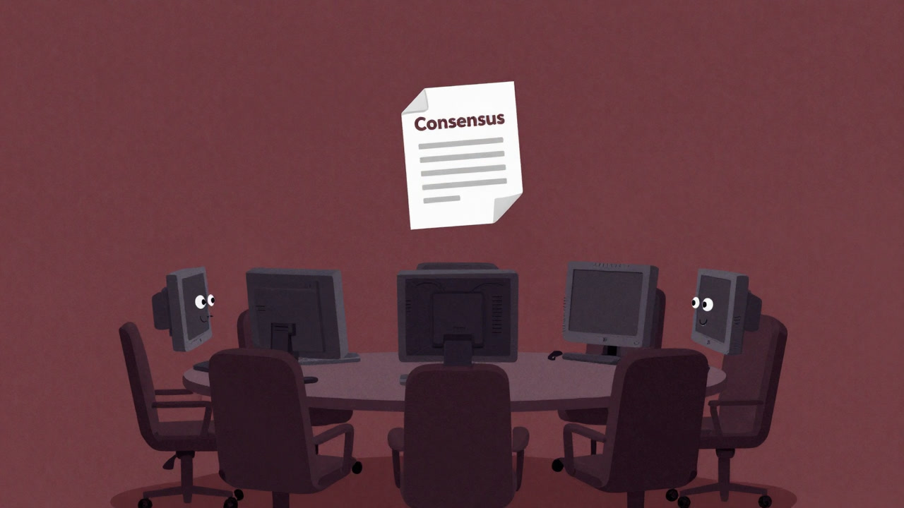 複数のコンピュータが会議テーブルを囲むが、誰も椅子に座れず宙を漂う合意書だけが見えるイラスト