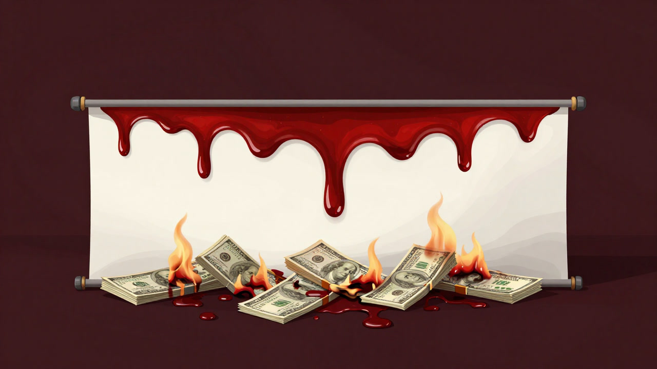 Illustration of a banner ad dripping red liquid like blood against a backdrop of a burning budget