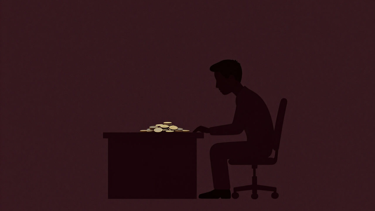 小さなコインの山を前に呆然と立つサラリーマンのシルエットのイラスト