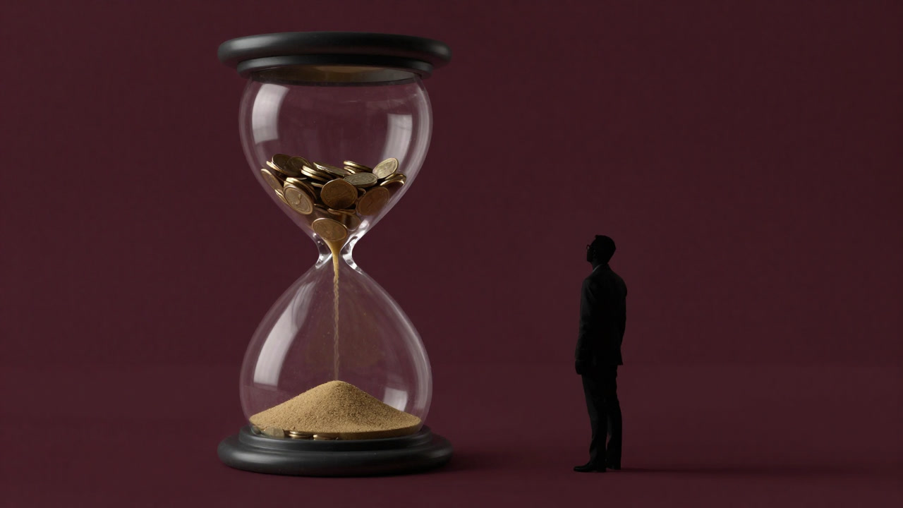 A silhouette of a CEO glaring at a giant hourglass as investment funds trickle away like sand.