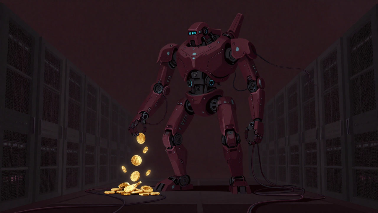 Illustration of a mechanical giant lurking amidst complex wiring and seas of numbers, devouring transaction fees.