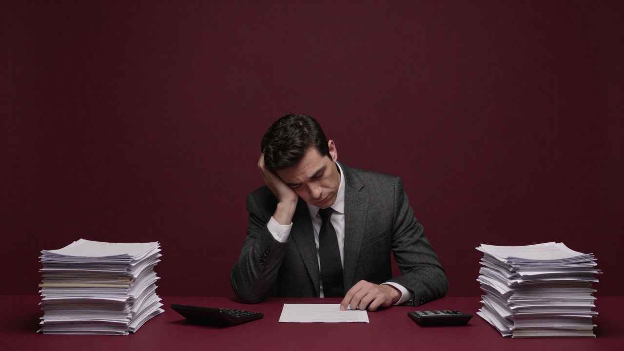 An exhausted payroll clerk surrounded by spreadsheets and calculator on a month-end night