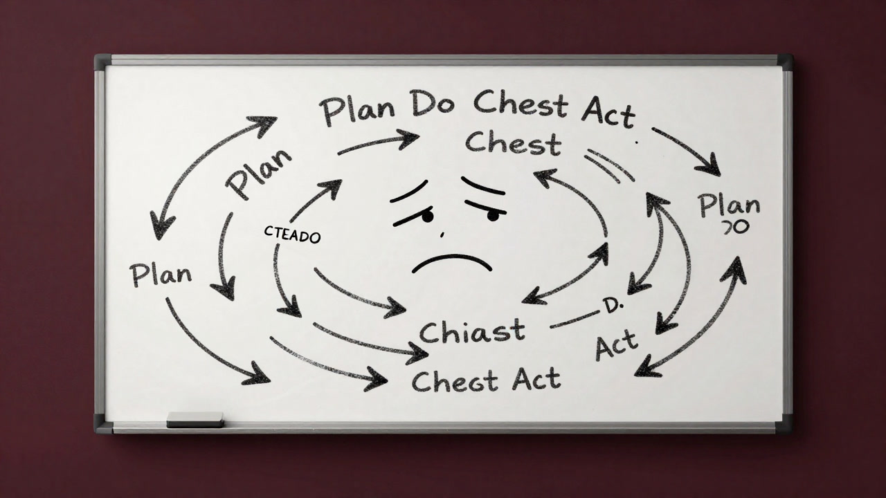 Image of a whiteboard trapped in an endless cycle of arrows and annotations.