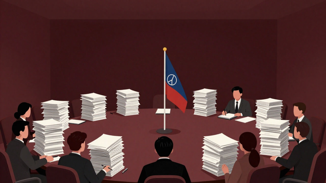 平和構築の旗が立つ会議室のテーブルを中心に、人々が報告書を積み上げているイラスト