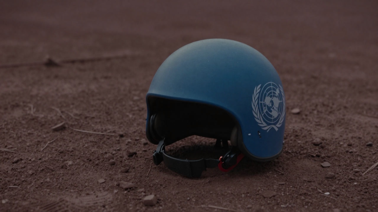 Close-up of a blue peacekeeper helmet standing amidst a dusty conflict zone