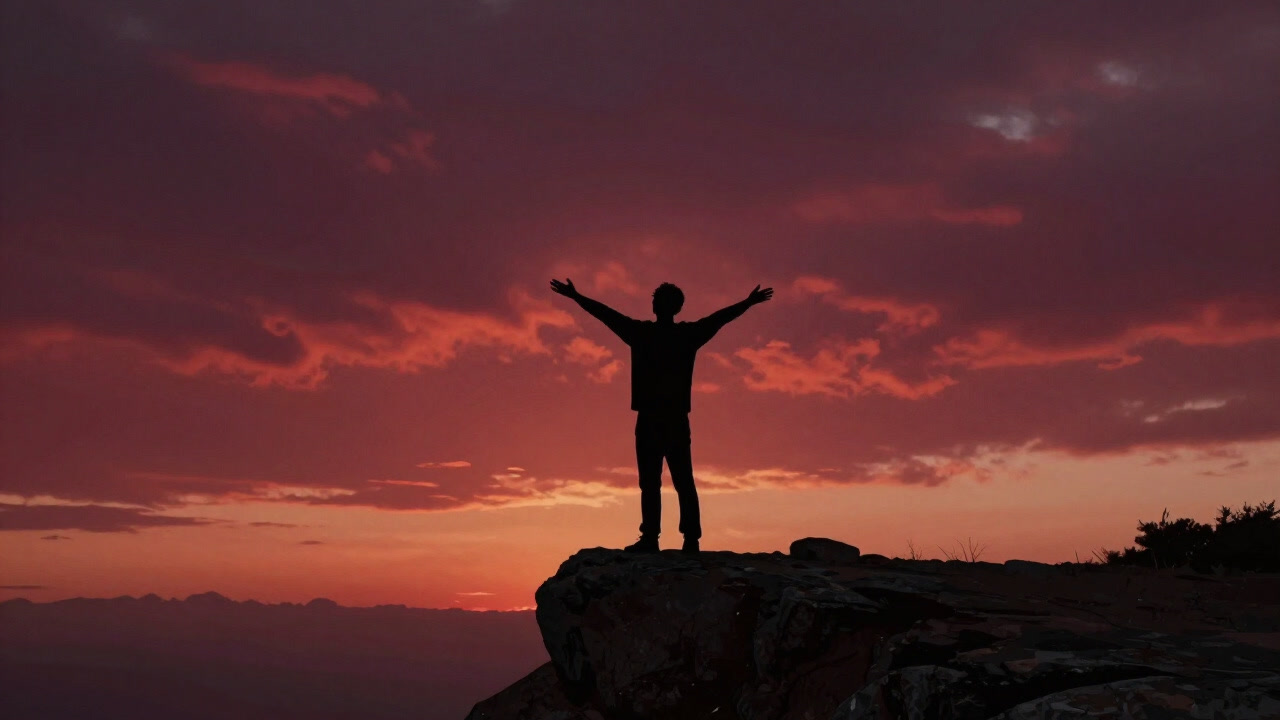 夕焼けの中、崖の上で両手を広げ天空を仰ぐ人のシルエット。空気が震えるほどの高揚感を表現。