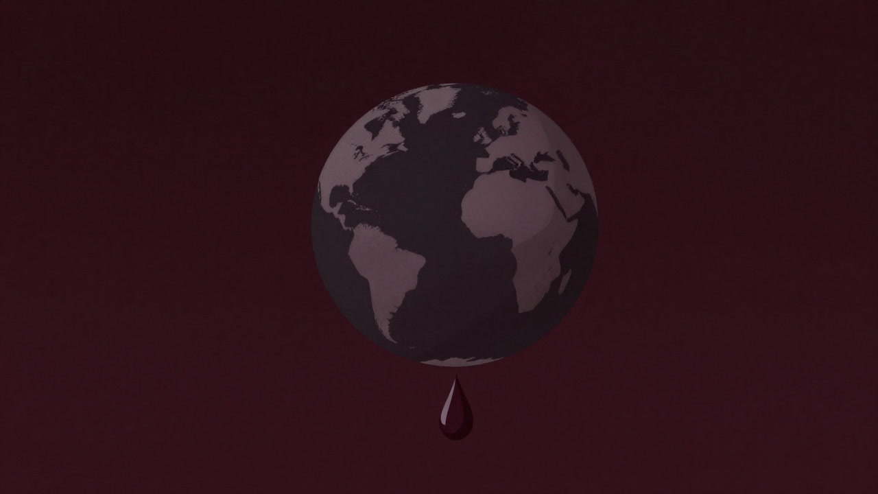 Illustration of an oil droplet shaped like a teardrop tipping off the Earth and dripping away