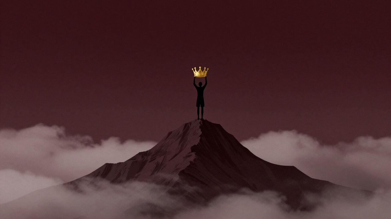 霧に包まれた一つの山頂で、か弱い黄金の王冠を掲げる孤高のシルエット。