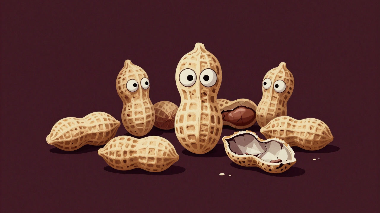 Illustration of a cluster of peanuts with eyes that seem to see the world when peeled