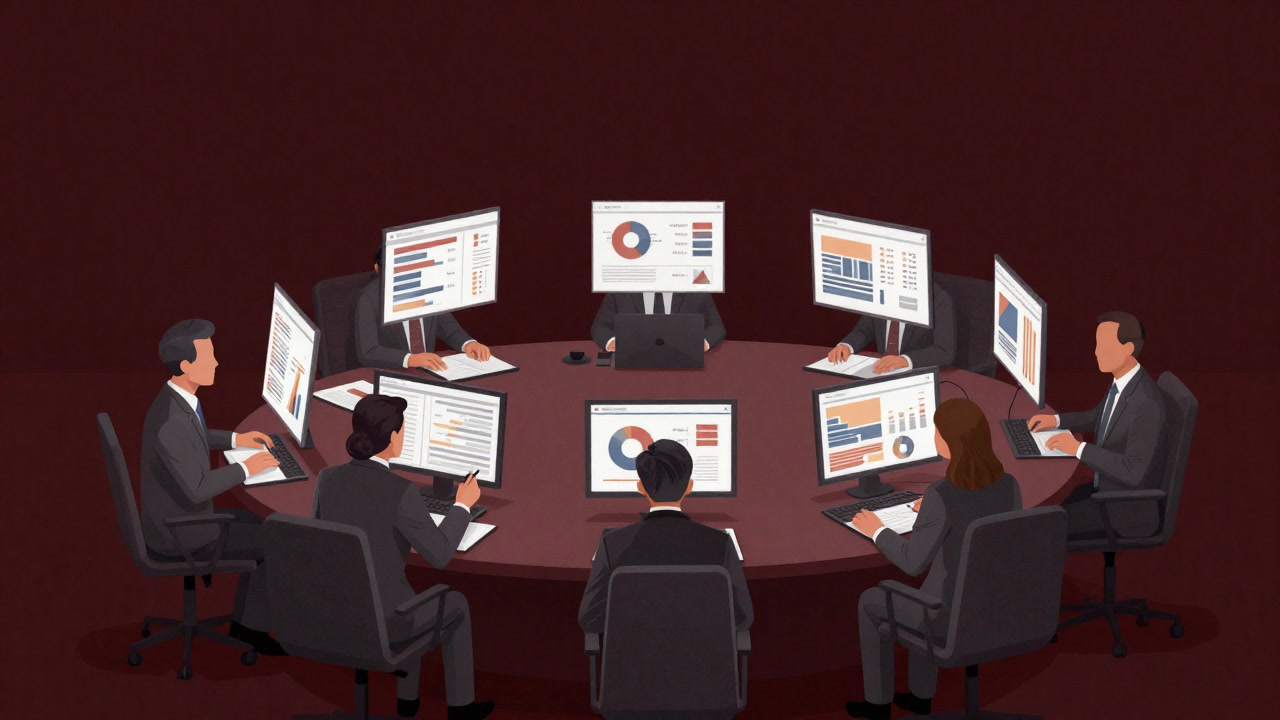Illustration of executives looking overwhelmed around a conference table covered with numerous graphs and slides.