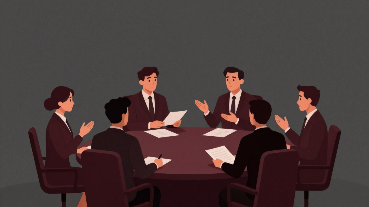 円卓を囲み互いに資料を交換するビジネスパーソンのイラスト