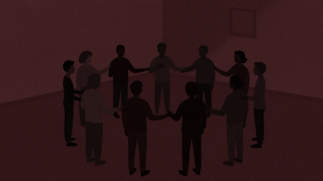Silhouette of various troubled individuals standing in a circle, each placing a hand on another’s chest