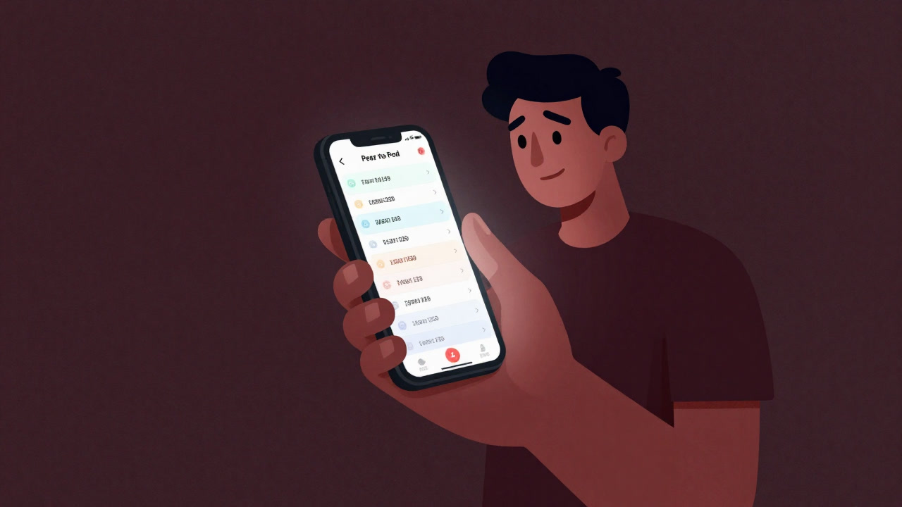 スマホ画面に多数のローン案件が並び、投資家が引きつった表情でスクロールするイラスト