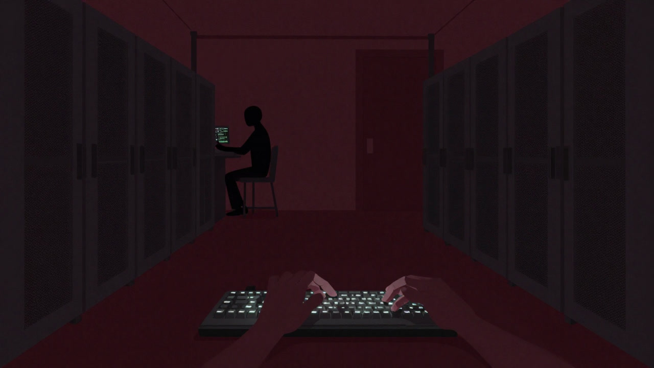 In a midnight server room, only pale hands typing on a keyboard glow, while a sinister silhouette lurks behind, seeking code holes.