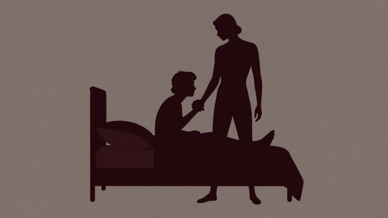 ベッドルームの暗がりに浮かぶ影が、二つの身体が重なる瞬間を戸惑い混じりに照らすシルエット。