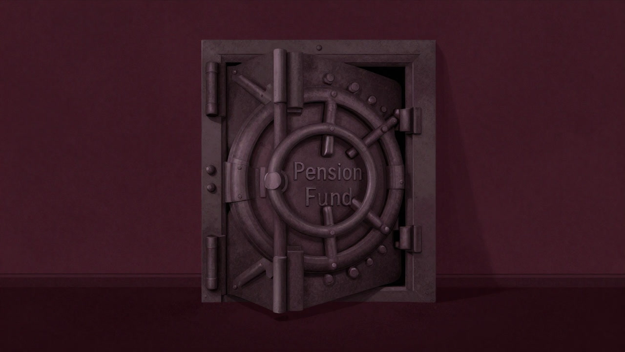 古びた金庫に『年金基金』と刻まれ、ほこりをかぶって放置された鍵のない箱の画像