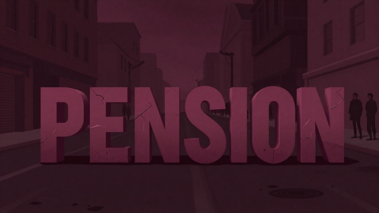 Image of the word 'PENSION' in 3D letters fading in front of a dim cityscape.