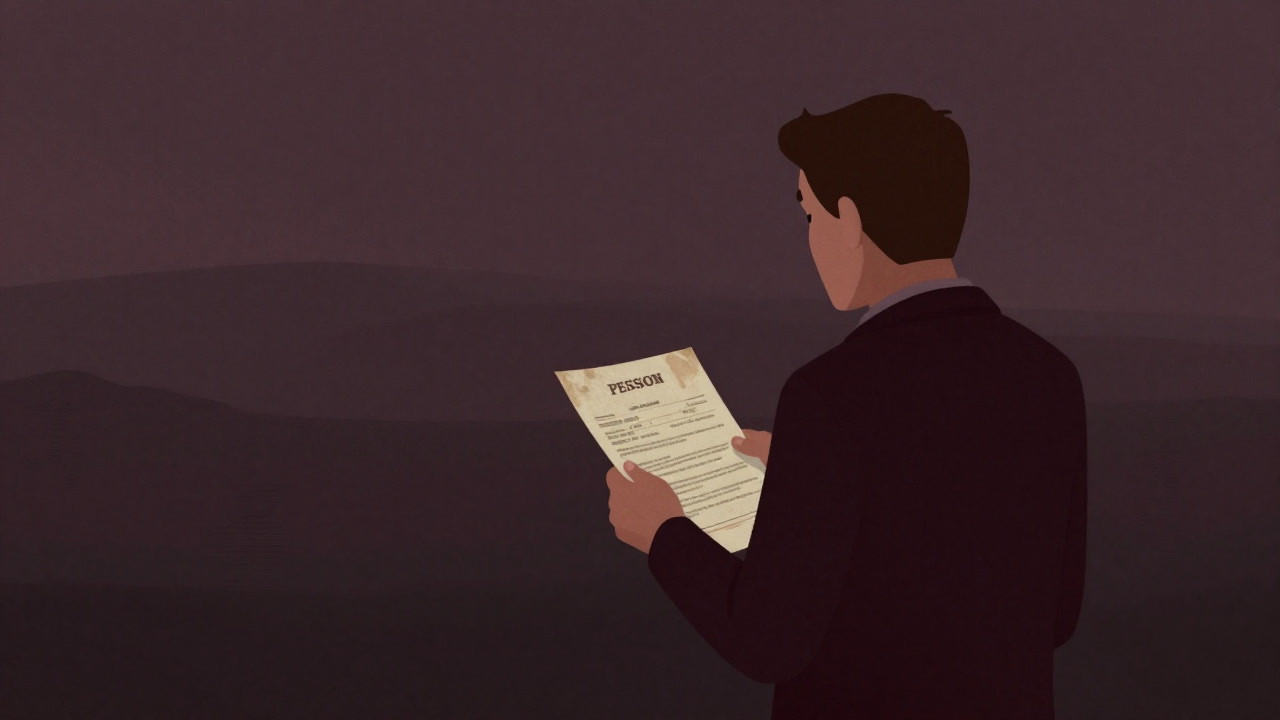 古びた年金通知書を抱え、不安げに未来を見つめるシルエットの人物