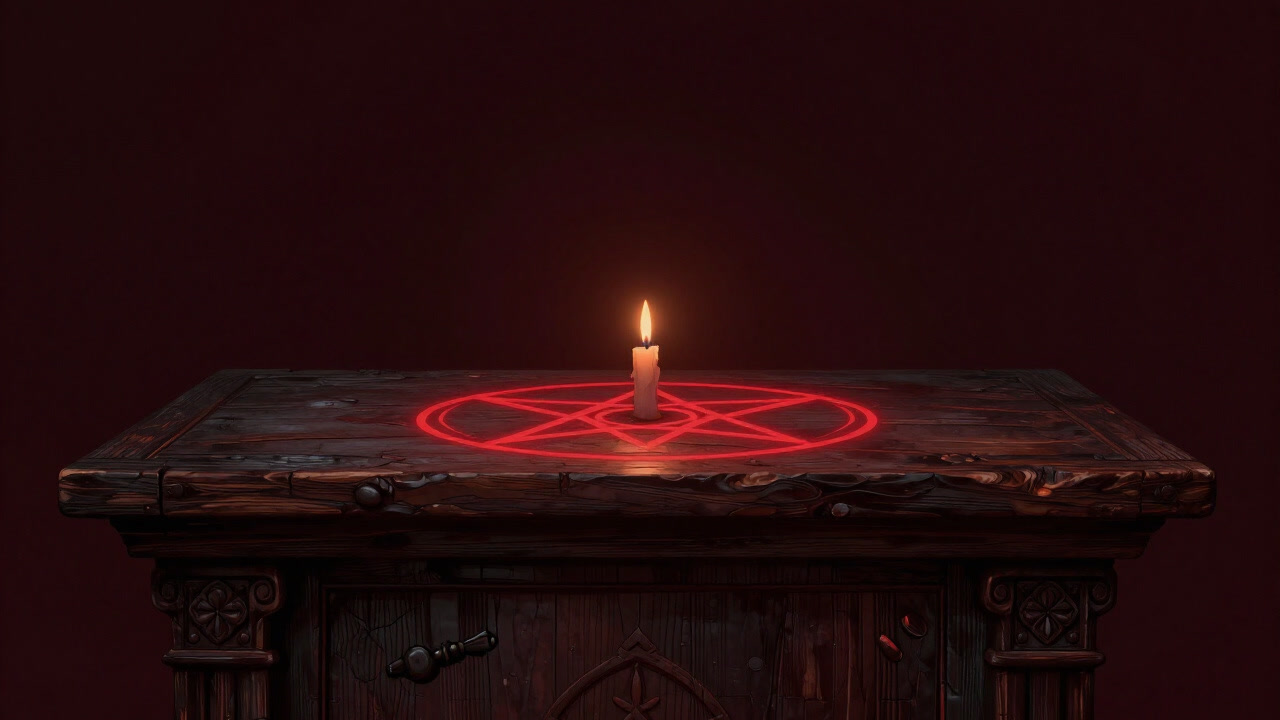 An illustration of a pentacle drawn in red lines on an altar-like wooden table, candlelight flickering around it, circle and pentagram glowing ominously.
