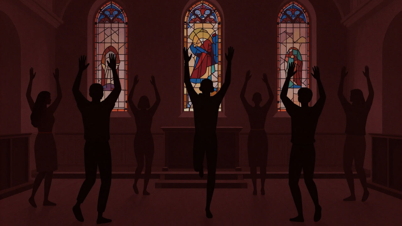 暗い礼拝会場で、信者たちが手を上げ足を踏み鳴らしながら熱狂する様子を捉えたイラスト