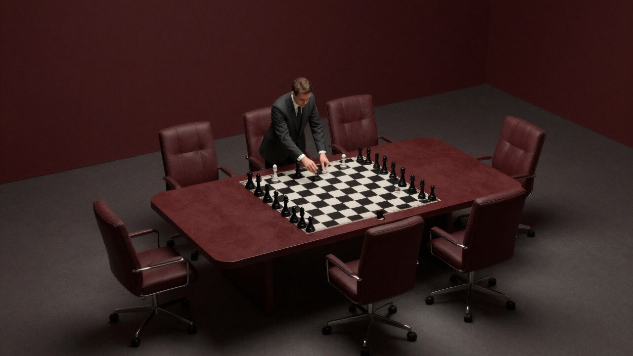 ミーティングテーブルを囲み、管理者が部下をコマのように動かす様子を俯瞰で見たイラスト