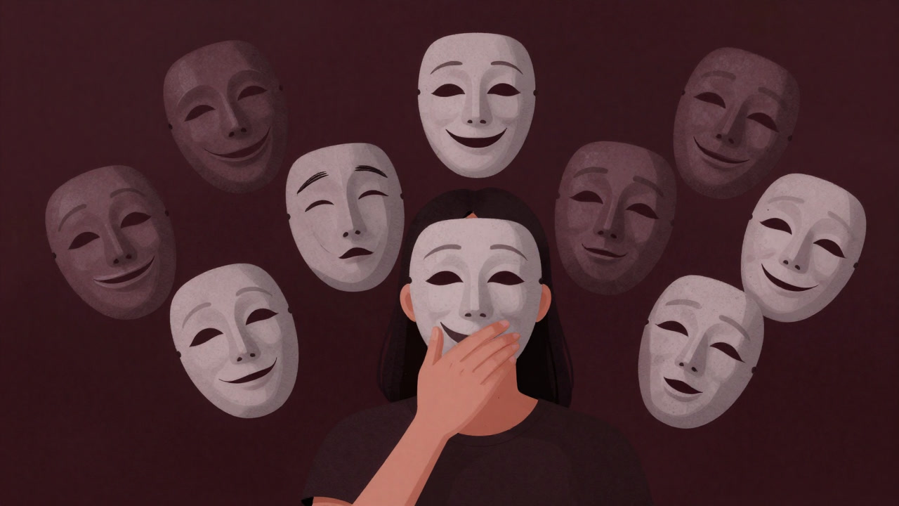 周囲の笑顔のマスクを無数に身にまとい、疲れ切った表情の人物のイラスト