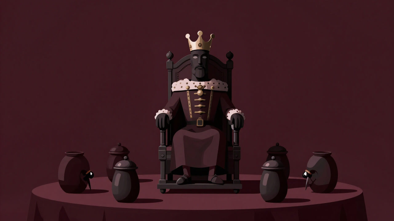 胡椒のミルがテーブルの王座に君臨し、周囲の調味料を見下ろす奇妙な光景のイラスト