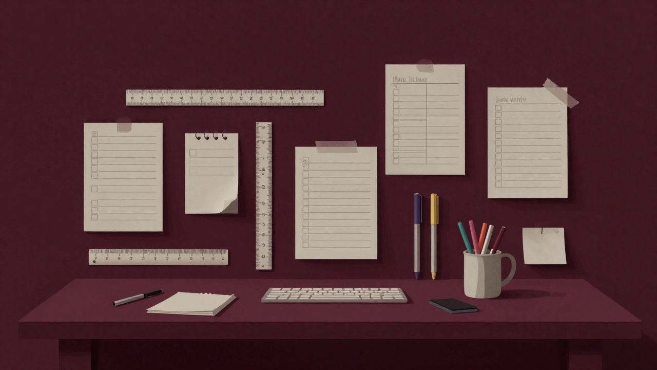 デスクに散らばった完璧主義者のメモと定規が揃った、窮屈そうな作業スペースの画像