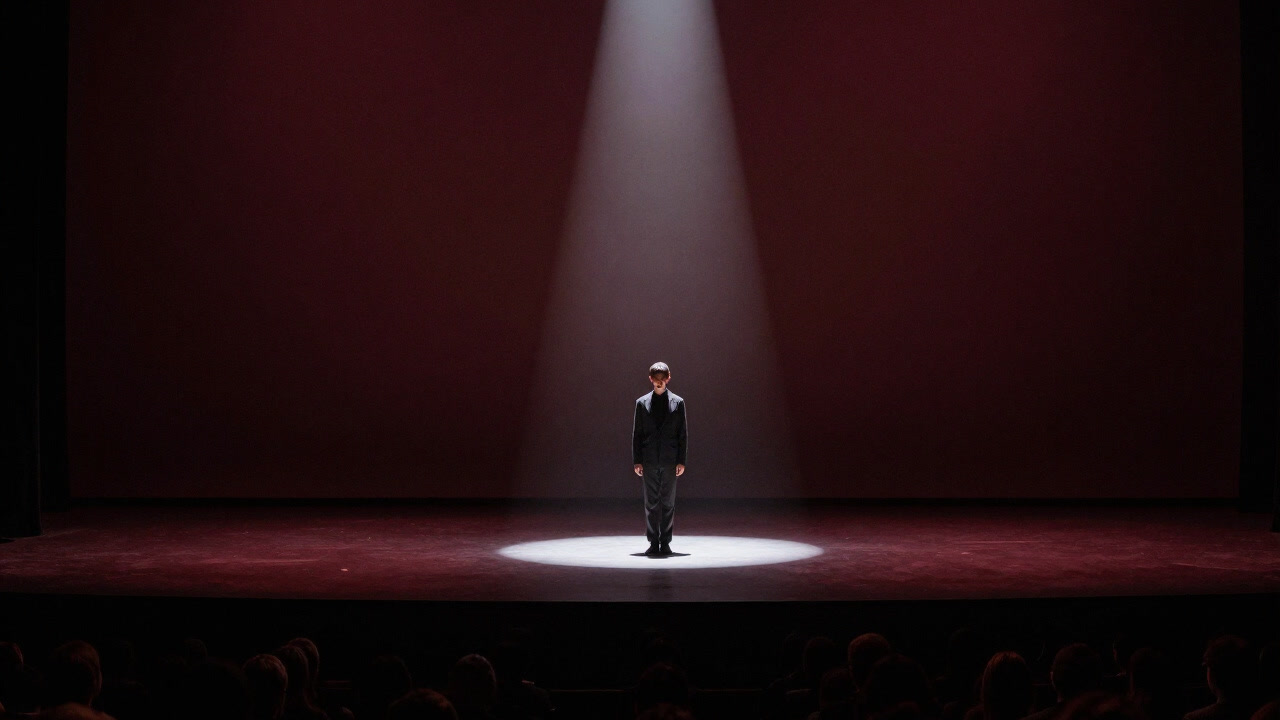 Silhouette of a performer standing motionless on stage before the audience