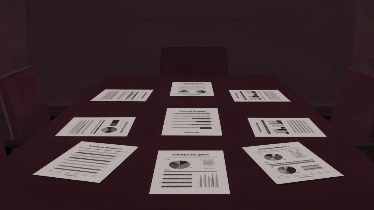 暗い会議室のテーブルに並べられた無数のグラフと評価シート