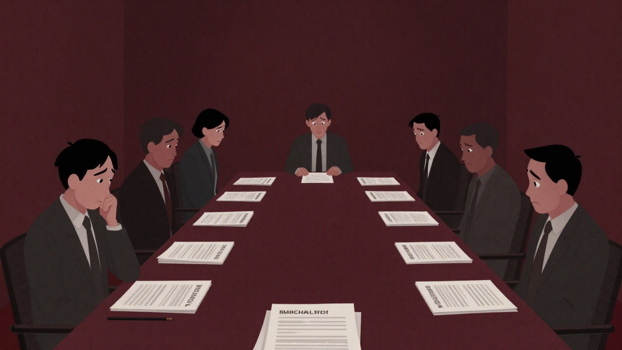 Employees sit pale-faced at a table piled with performance review documents.