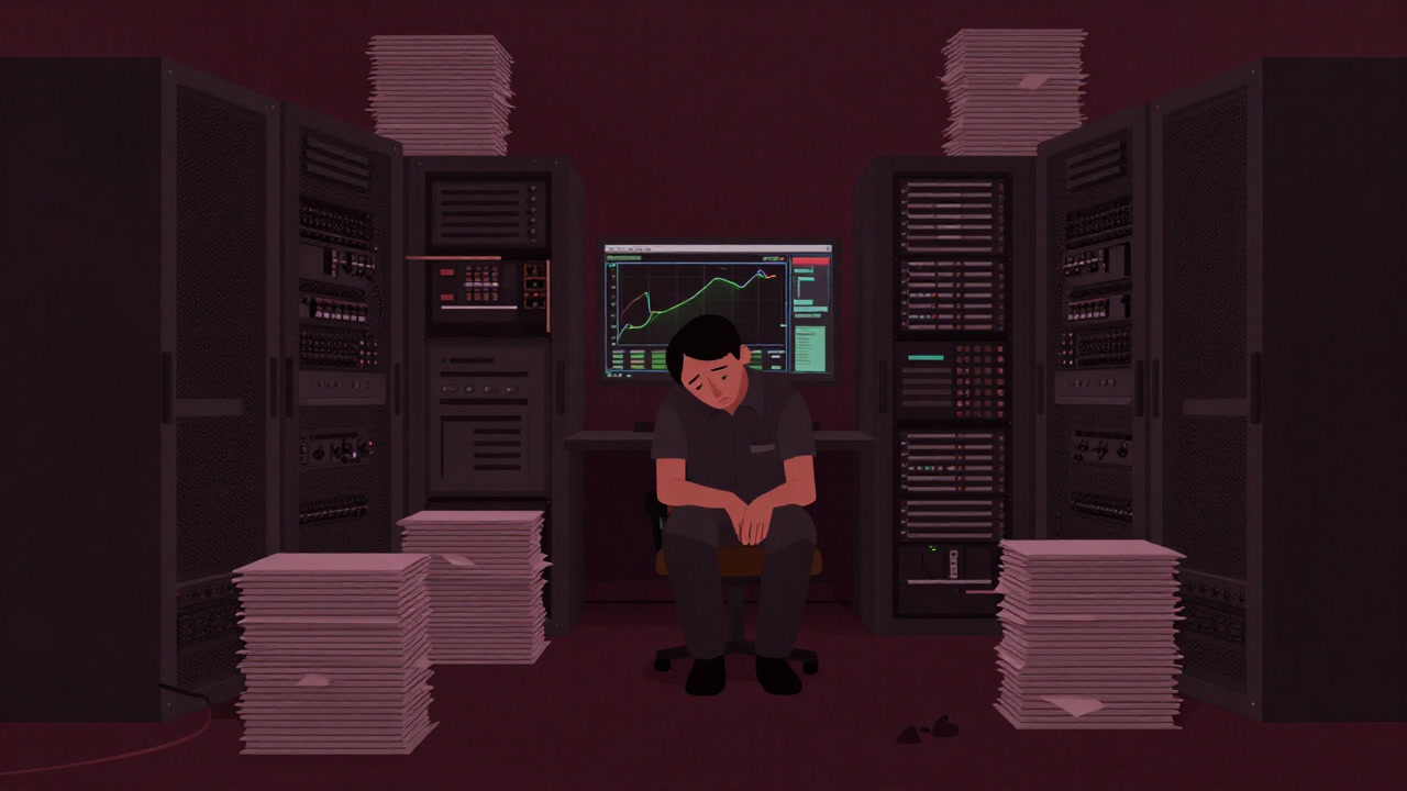 薄暗い部屋で膨大な設定ファイルと向き合い、疲れ果てた表情でプロファイラを見つめるエンジニアのイラスト