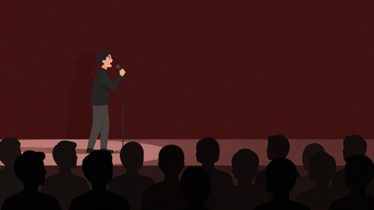 Silhouette of a figure gripping a microphone on stage, forcefully shouting empty words